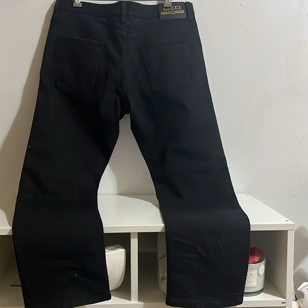 Gucci Tapered Denim Embroidered-logo Straight-leg Trousers In Black Mens 38